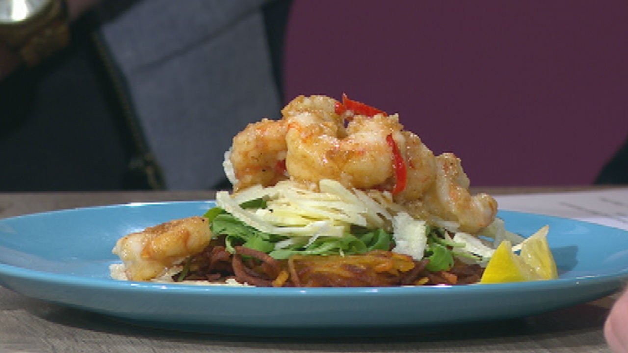 Rosti Potato and Prawns with a fennel and apple salad