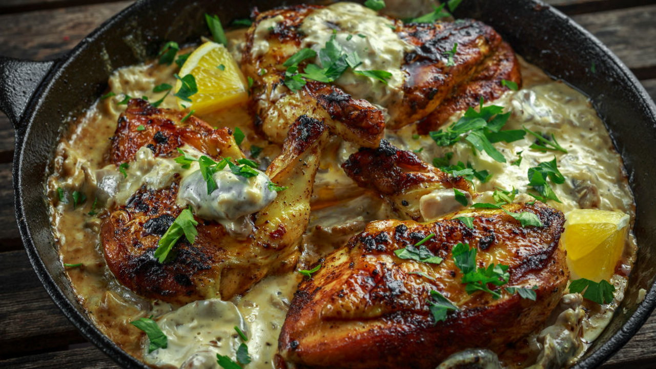 Chicken Supreme, Braised Chicory with Purple Potato salad