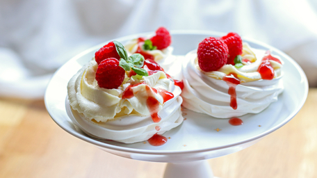 Mini Pavlovas with Rhubarb, Raspberry and Rose