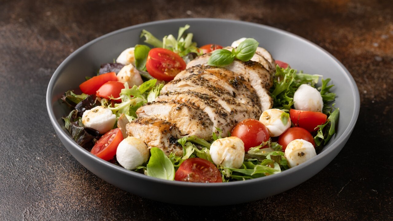Warm Butterbean Caprese with Blistered Tomatoes & Pesto Crumbed Chicken & Buffalo Mozzerella