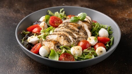 Warm Butterbean Caprese with Blistered Tomatoes & Pesto Crumbed Chicken & Buffalo Mozzerella