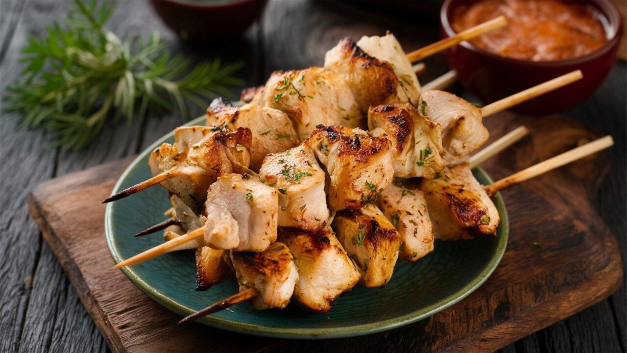 Sticky Garlic Parmesan Chicken Skewers on a Herby Rice Salad