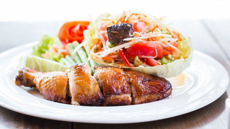 Sticky Grilled Chicken Asian Salad with My Black Garlic Chilli Peanut Rayu