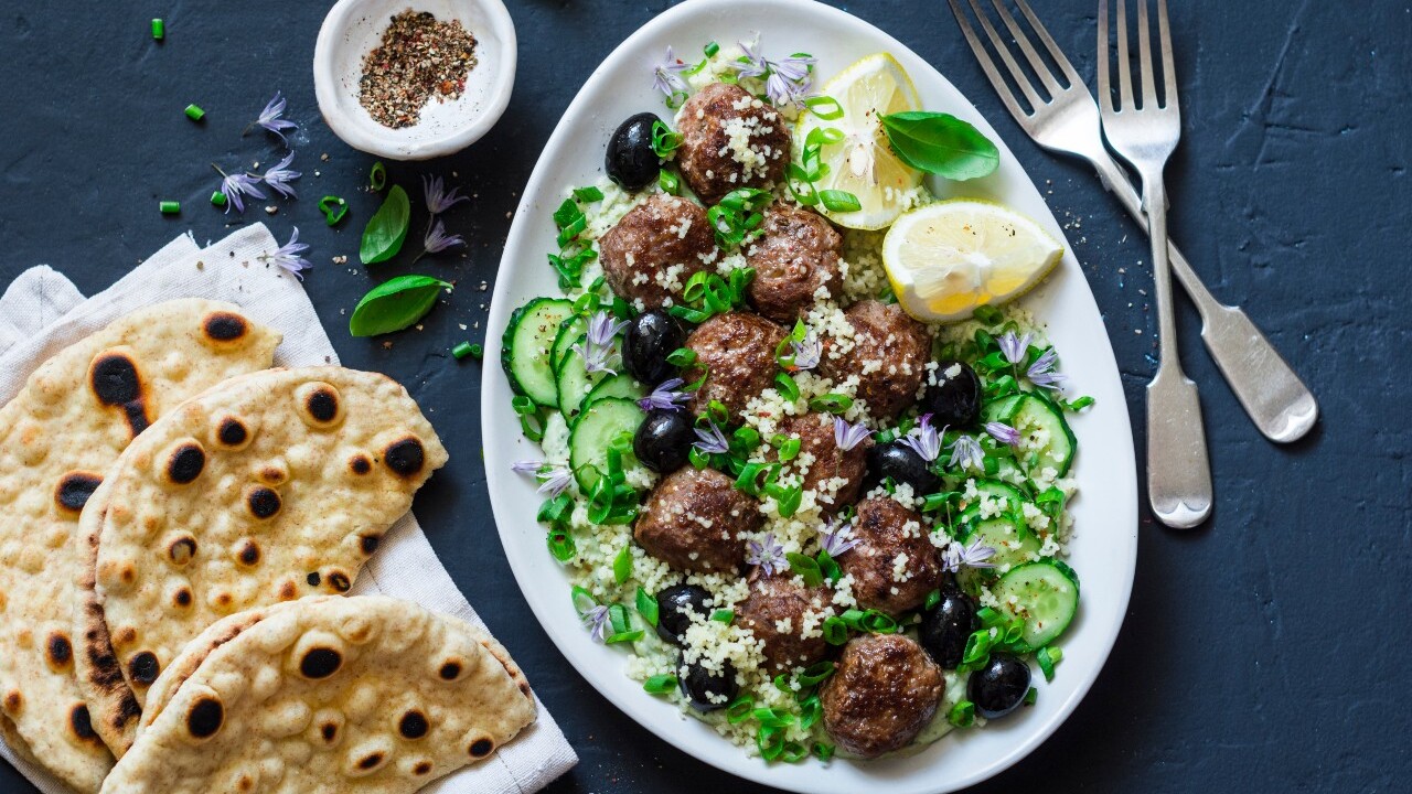 Greek Style Lamb Salad with Feta & Tzatziki
