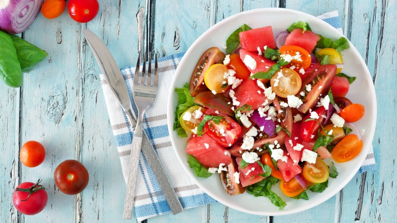 Salad of Summer Tomatoes, Watermelon, Burrata, Anchovy and Garden Herbs