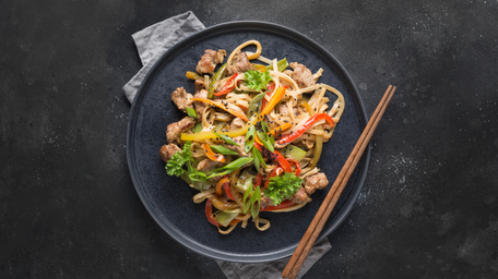 Pork & Sesame Udon Noodles with Chinese Greens 