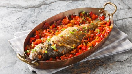 Pan-Roasted Stone Bass with Heirloom Tomato Panzanella & Smoky Garlic Aioli