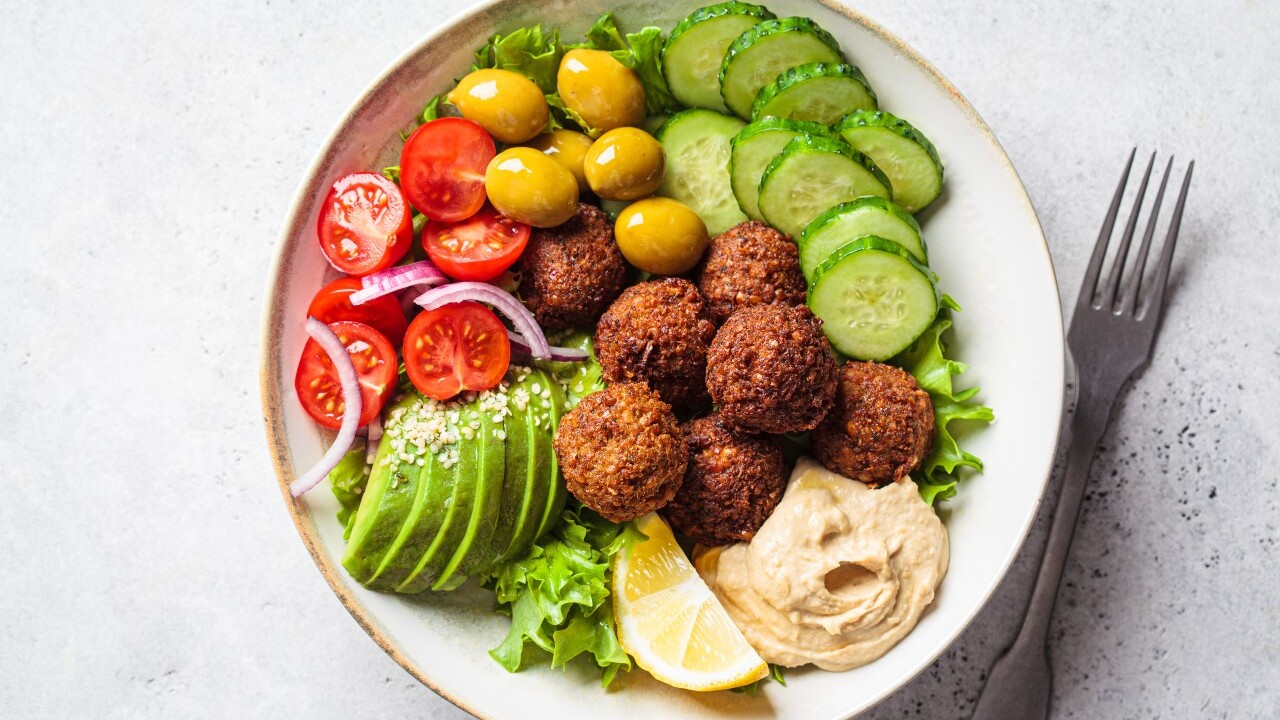 Falafel Nourish Bowl with Lemony Brown Rice + Tahini