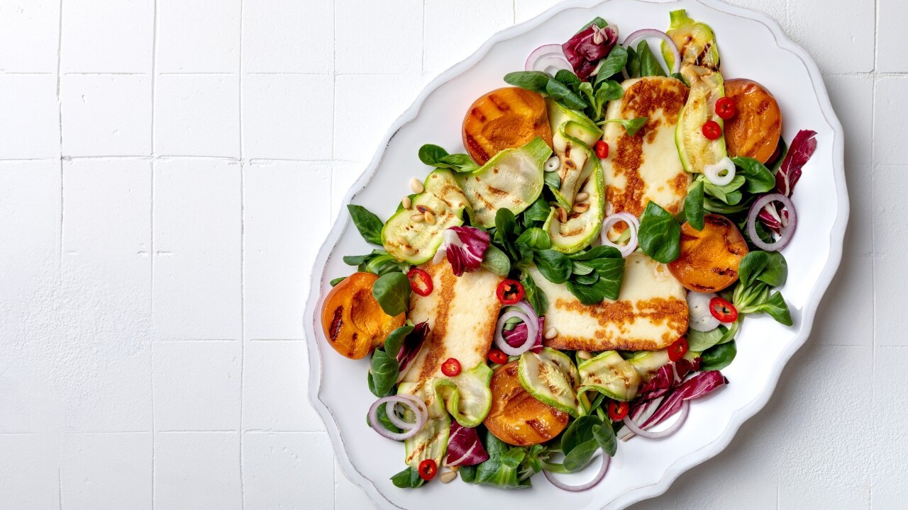 Ballyhubbuck Halloumi, Charred Apricots, Raw Courgette Salad & Spiced Treacle Glaze
