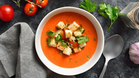 Gazpacho with Paprika & Parmesan Croutons (Summer Soup)