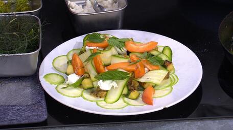 Roasted courgette, apricot, fennel, mint and ricotta
