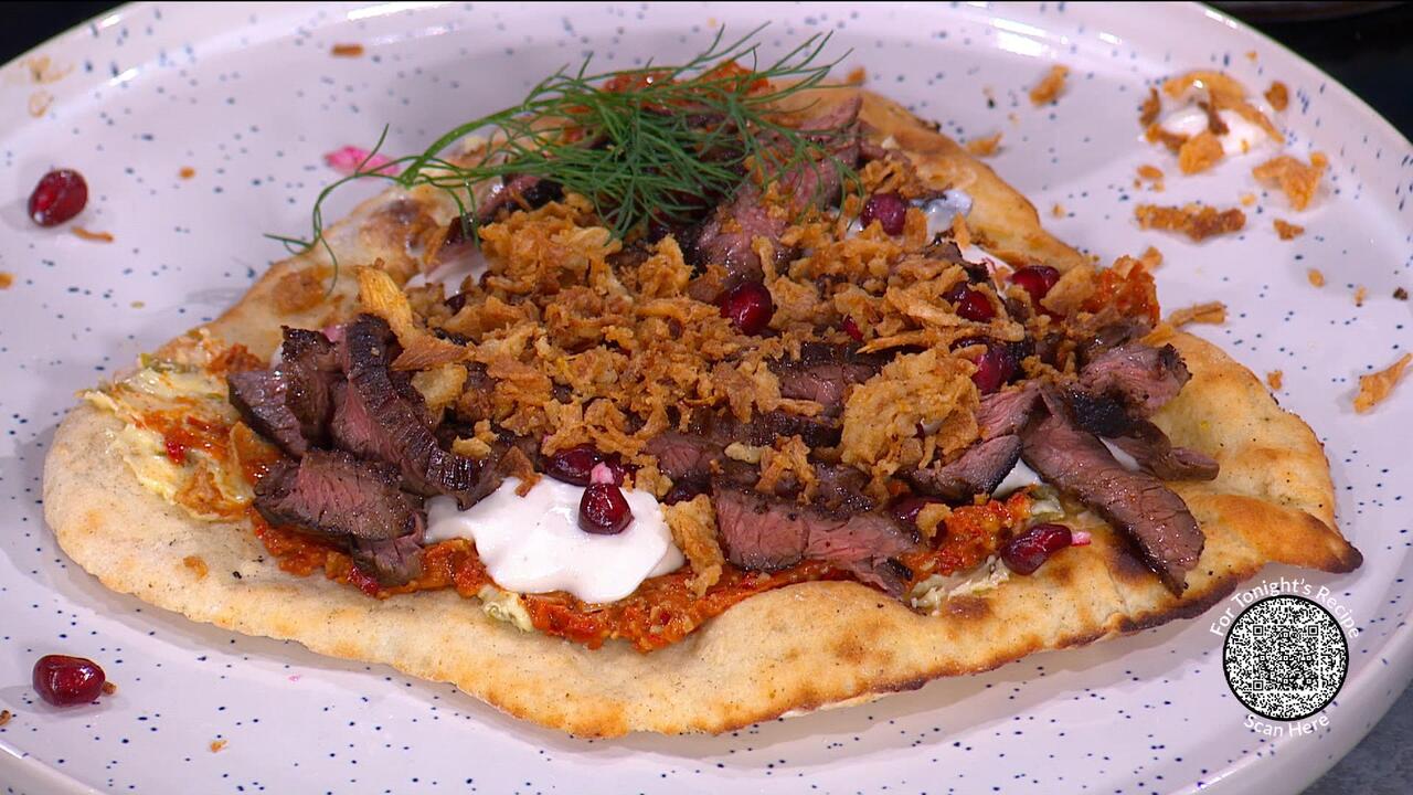 Flatbreads with Muhammara, Chargrilled Striploin, Smoked Onion Mayonnaise and Pomegranate Molasses