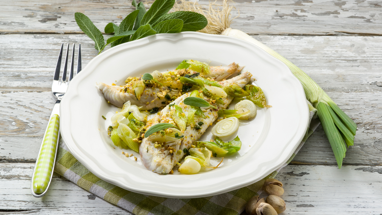 Roasted Hake with Puttanesca Sauce and Basil Oil