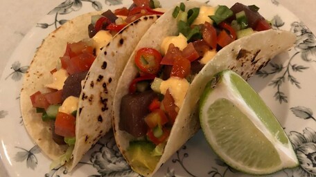 Tuna Tacos with Mango Salsa & Chipotle Aioli
