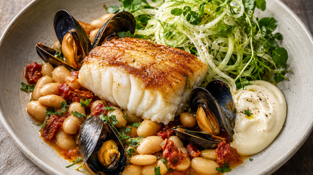 Pan-Roasted Line-Caught Cod with 'Nduja Butter Beans & Mussels