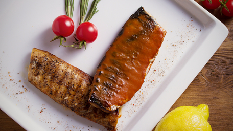 Pan Seared Sea Bream with Chimichurri and Roast Red Peppers and Feta Cheese