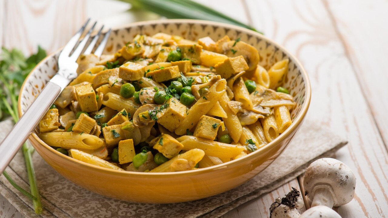 Silken Tofu Pasta with Mushrooms and Spinach