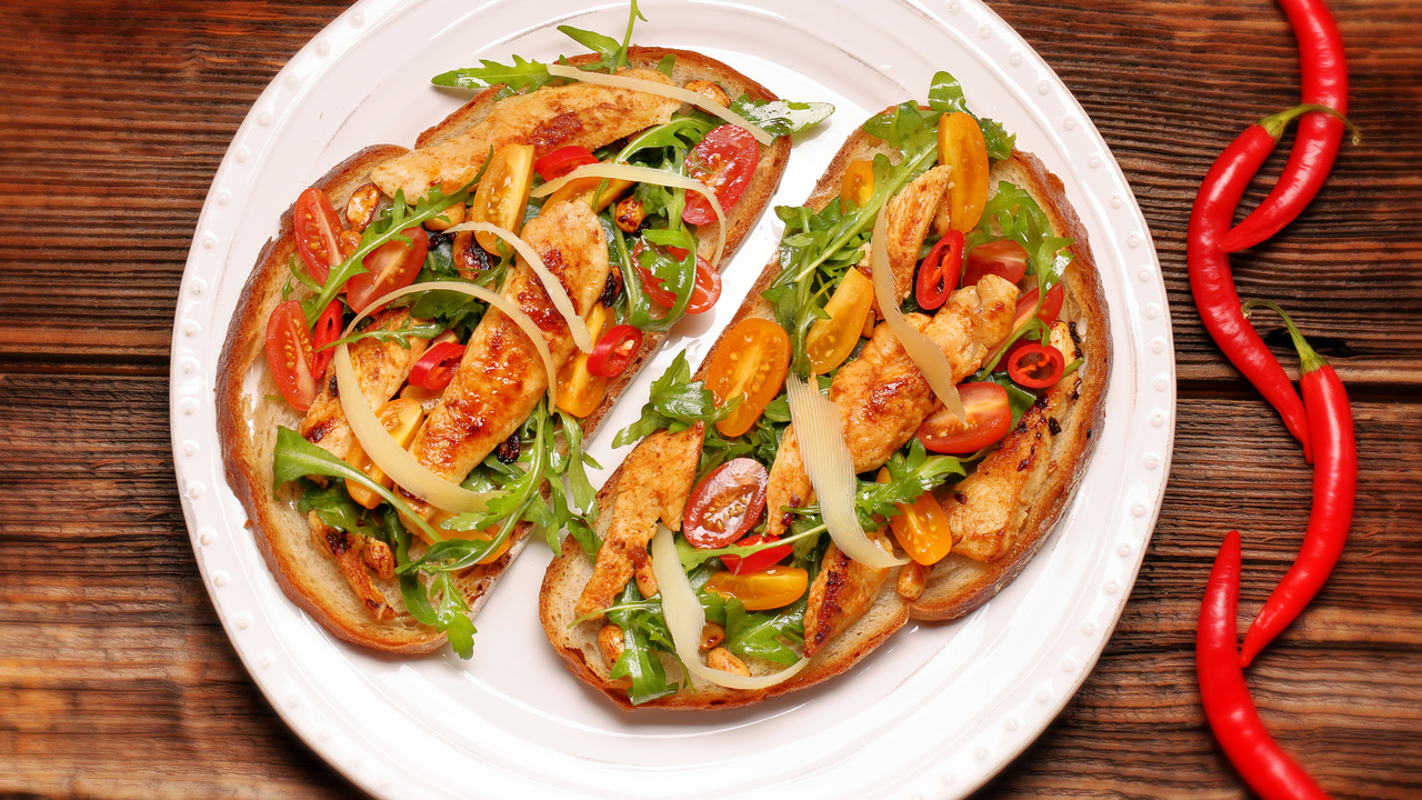 Spicy Sriracha Chicken Open Sandwich with Irish Butter Sauce, Lime and Mint Yoghurt
