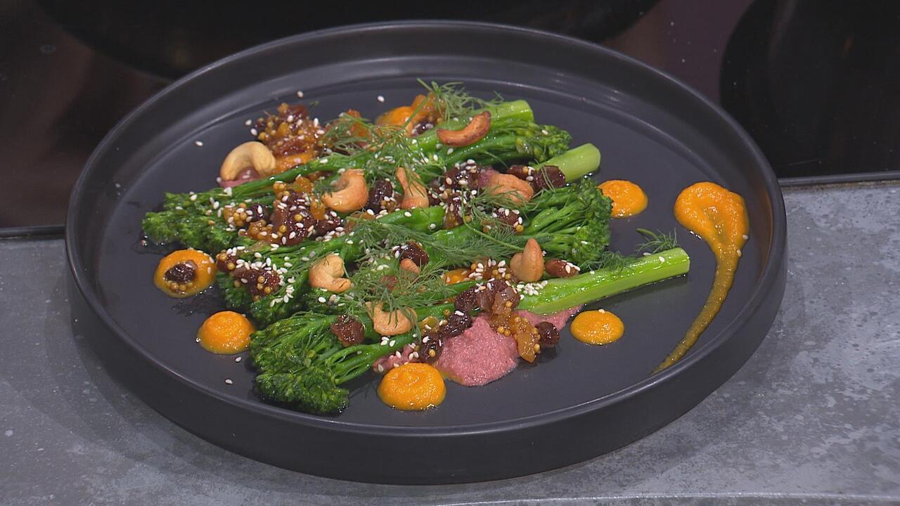 Butter-Glazed Tenderstem®, Beetroot Hummus, Brown Butter Cashews & Pickled Raisin Escabeche