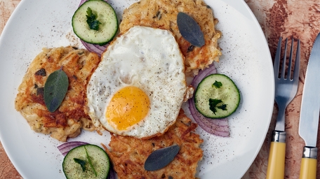 Crispy Potato and Carrot Cakes with Fried Eggs