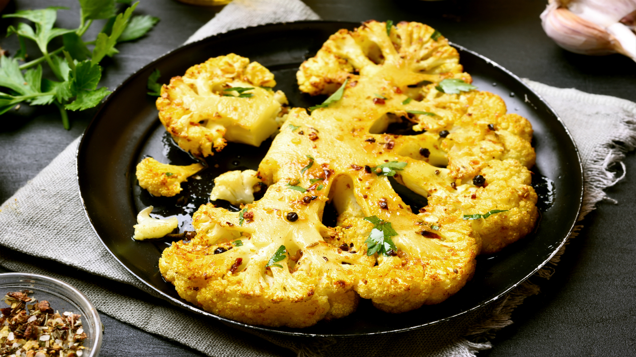 Roasted Cauliflower Steak, Chipotle & Roasted Sweet Potato and Red Pepper Purée