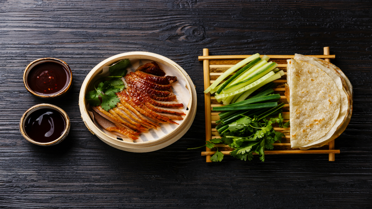 Peking Hoi Sin Fillet of Duck with Cucumber,  Spring Onion and Pancakes. 