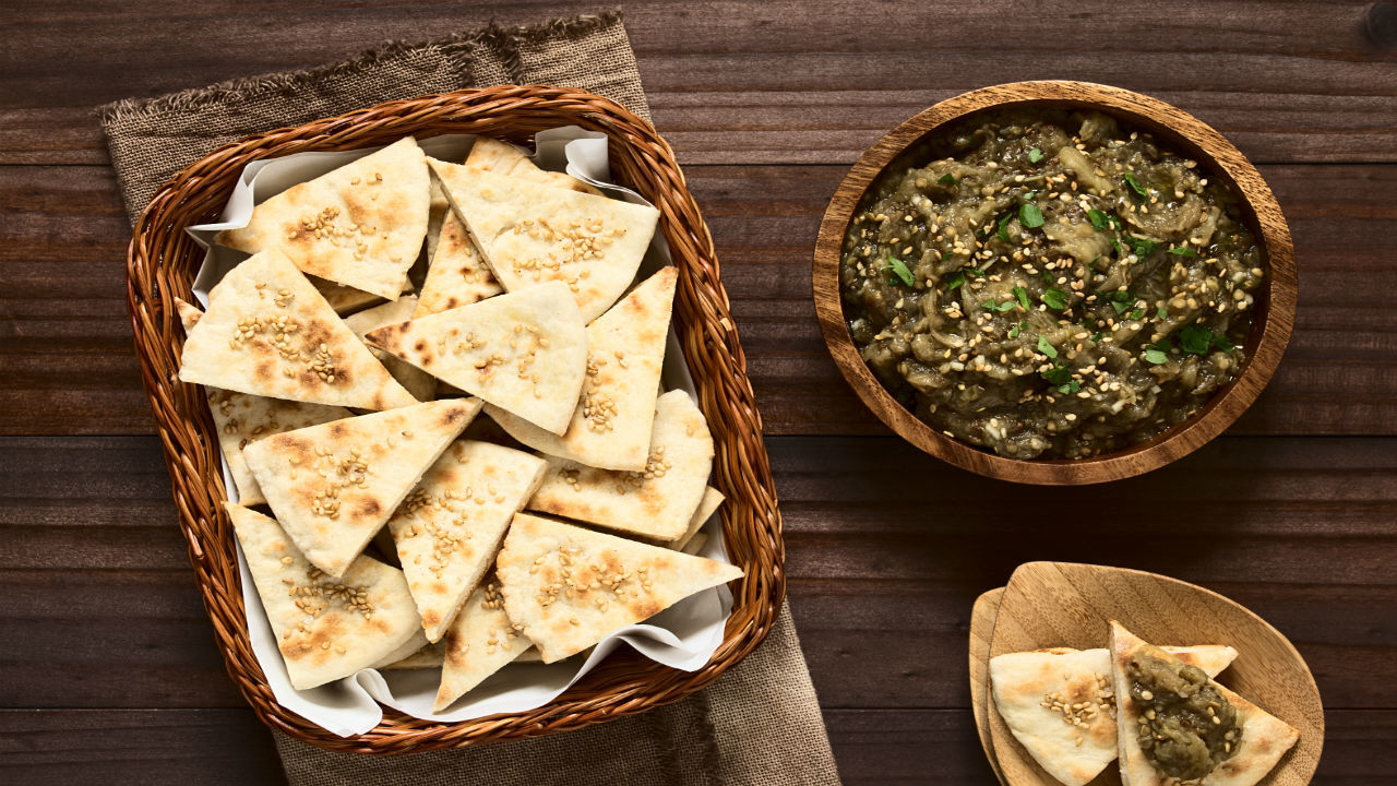 Veggie Koftas on Flatbreads with Baba Ganoush and Tabouli