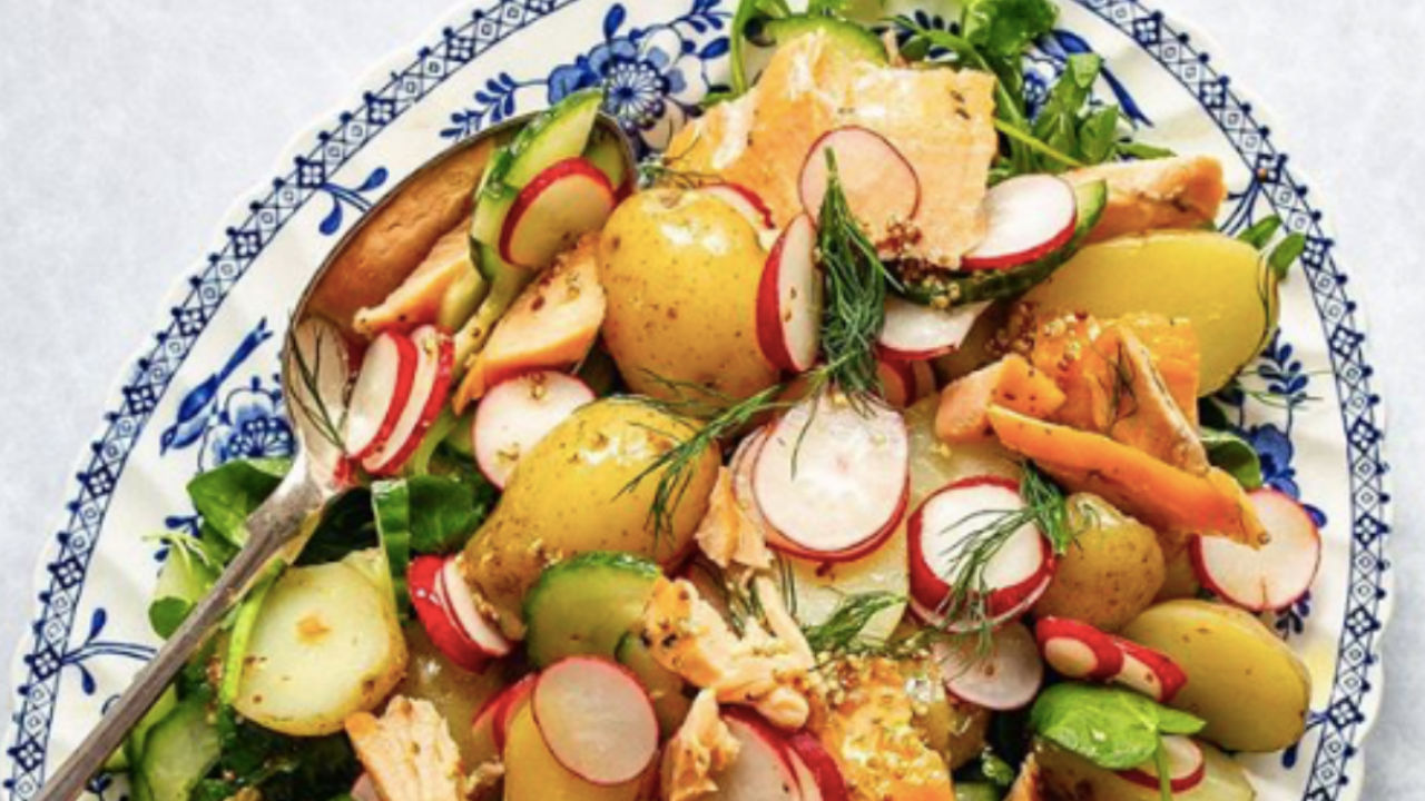 Hot Smoked Salmon Salad with Herby Whipped Ricotta & Griddled Potatoes