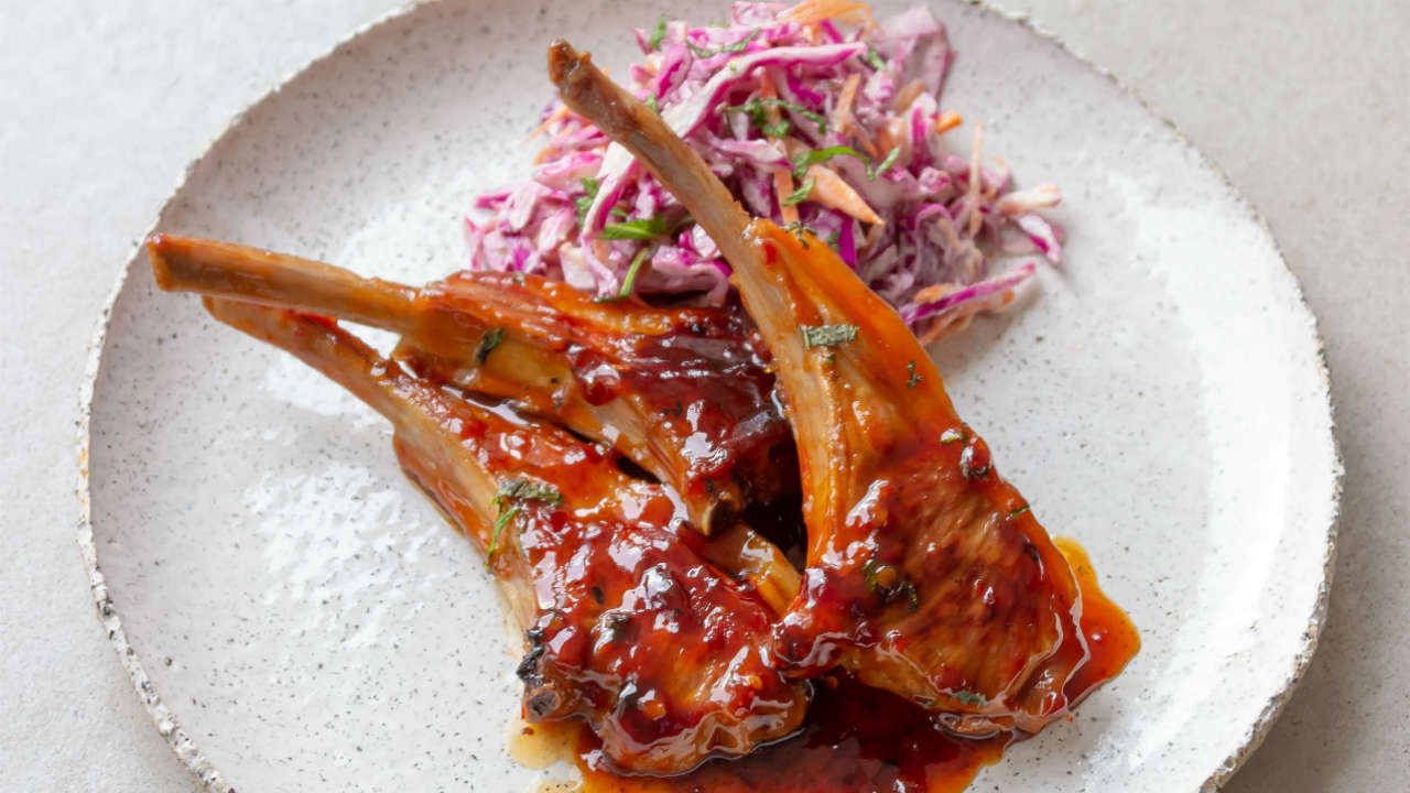 Baked Sticky Lamb Cutlets with Red Cabbage Slaw