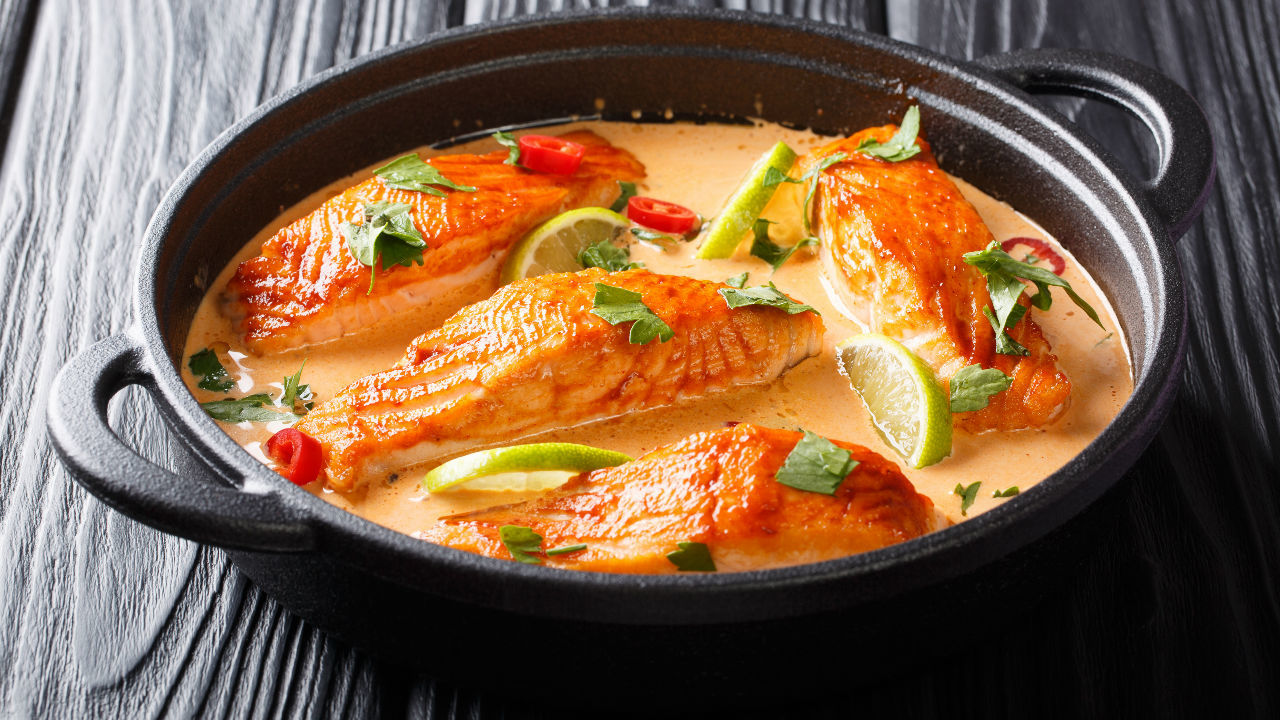 Curried Salmon, Spicy Mango and Cucumber Salsa
