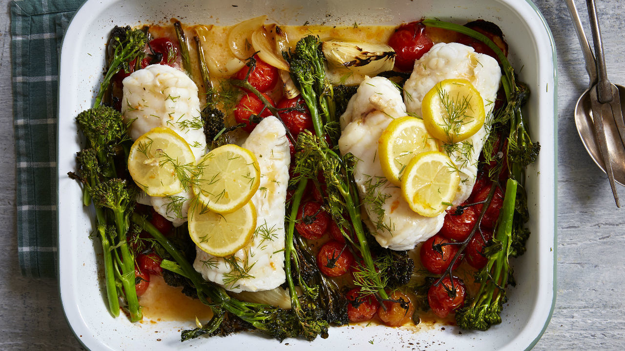 Pan Seared Sea Bass With Garlic Potatoes, Tender-stem Broccoli, Tomatoes And Black Olive Salsa