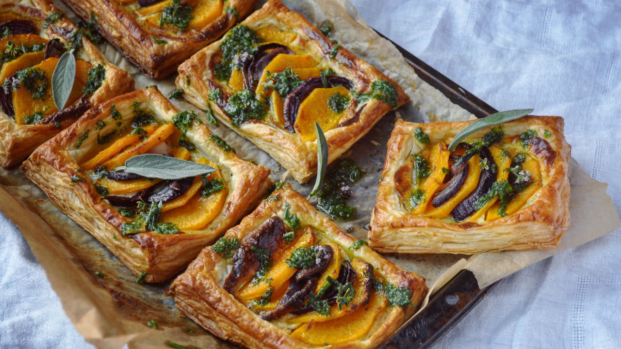Sage and Butternut Squash Tarts with Salsa Verde