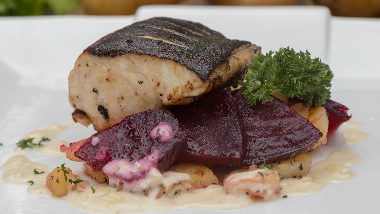 Roast Cod, Beetroot, Bacon & Black Pudding Dressing with Horseradish Cream