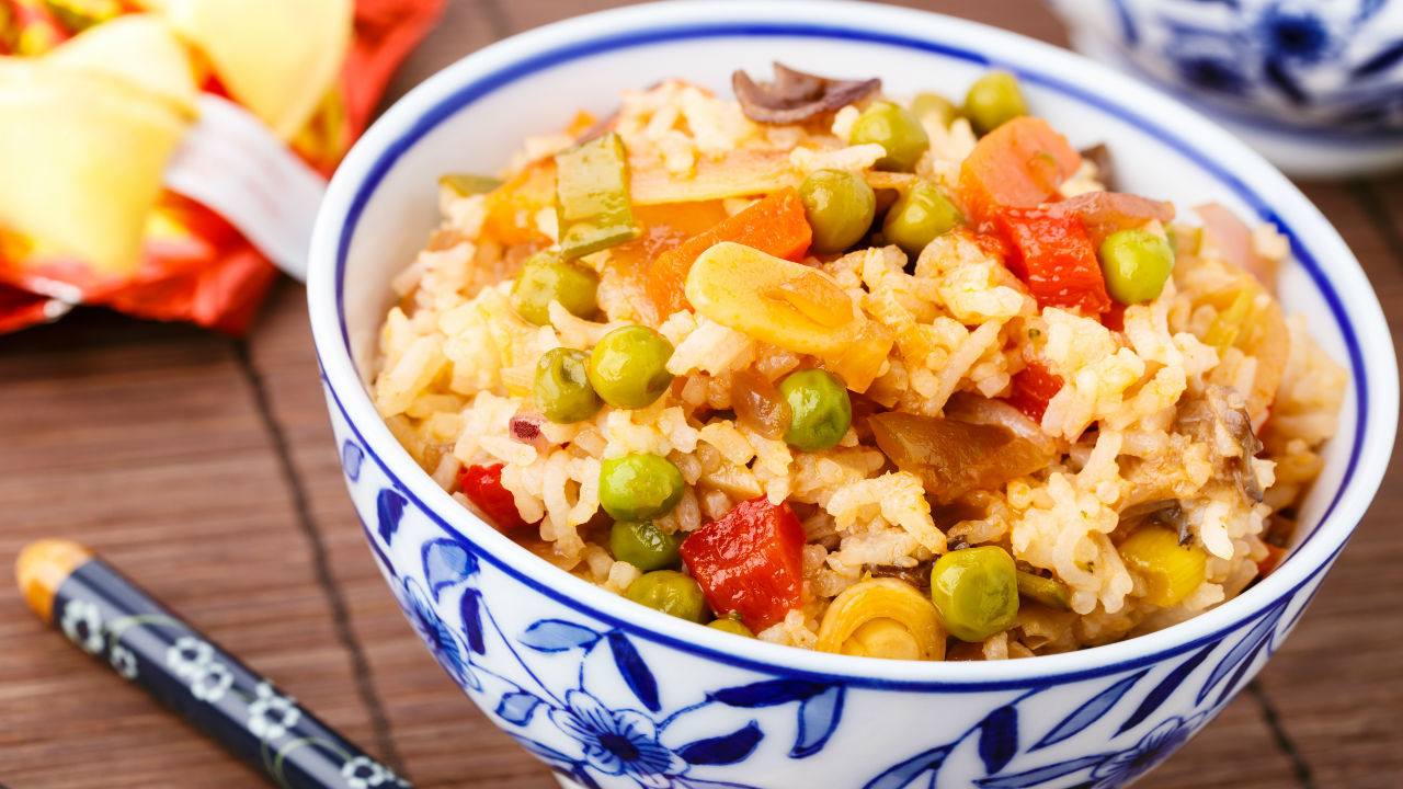 Curried Egg Fried Rice with Fried Tofu, Sweetcorn & Peas