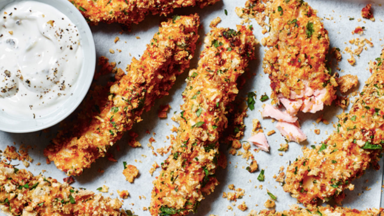 Sun-blushed Tomato and Basil Salmon Goujons with a Basil Pesto Mash