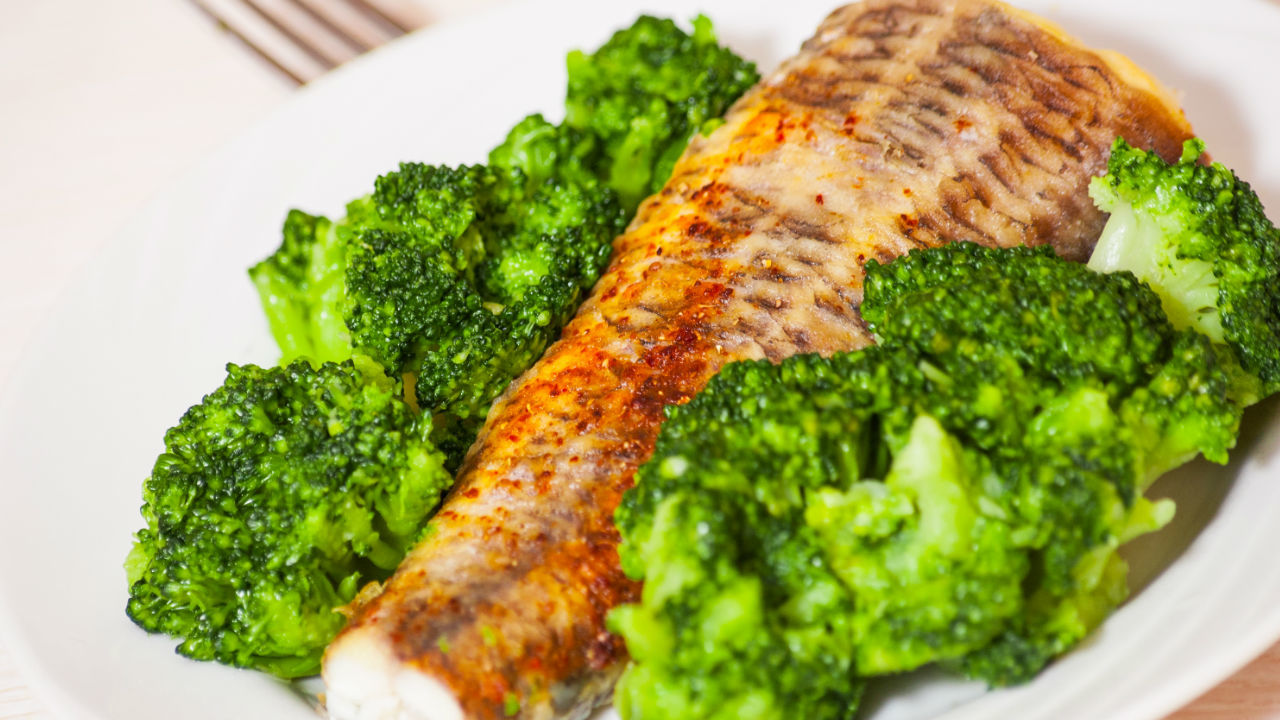 Crispy Fried Fish with Wild Garlic and Sprouting Broccoli