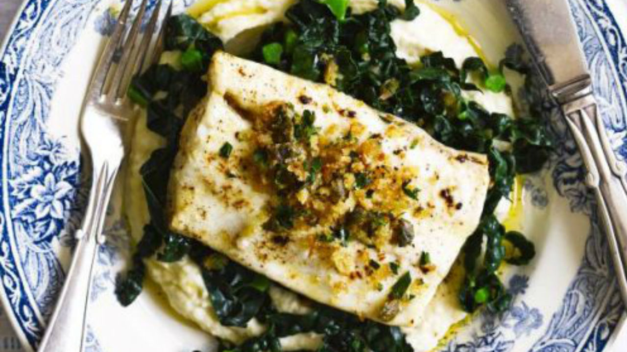 Steamed fillet of halibut, Asparagus, and seaweed butter sauce