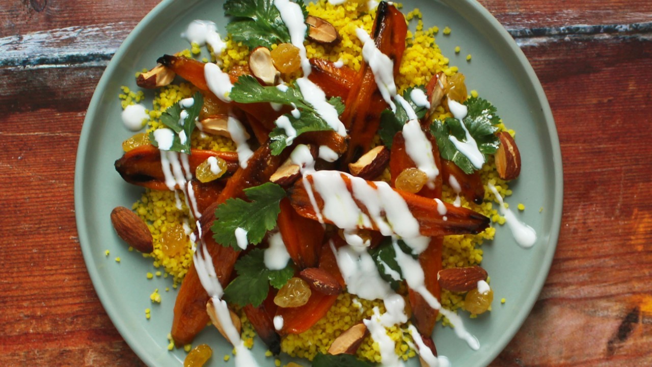 Curried Roast Carrot Couscous, Grilled Halloumi, Almonds & Sultanas