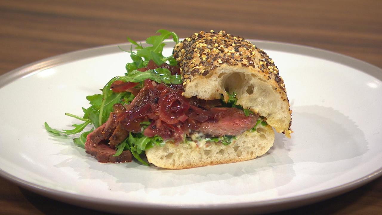 BBQ Steak Sandwich with red onion & chili jam on charred ciabatta bread