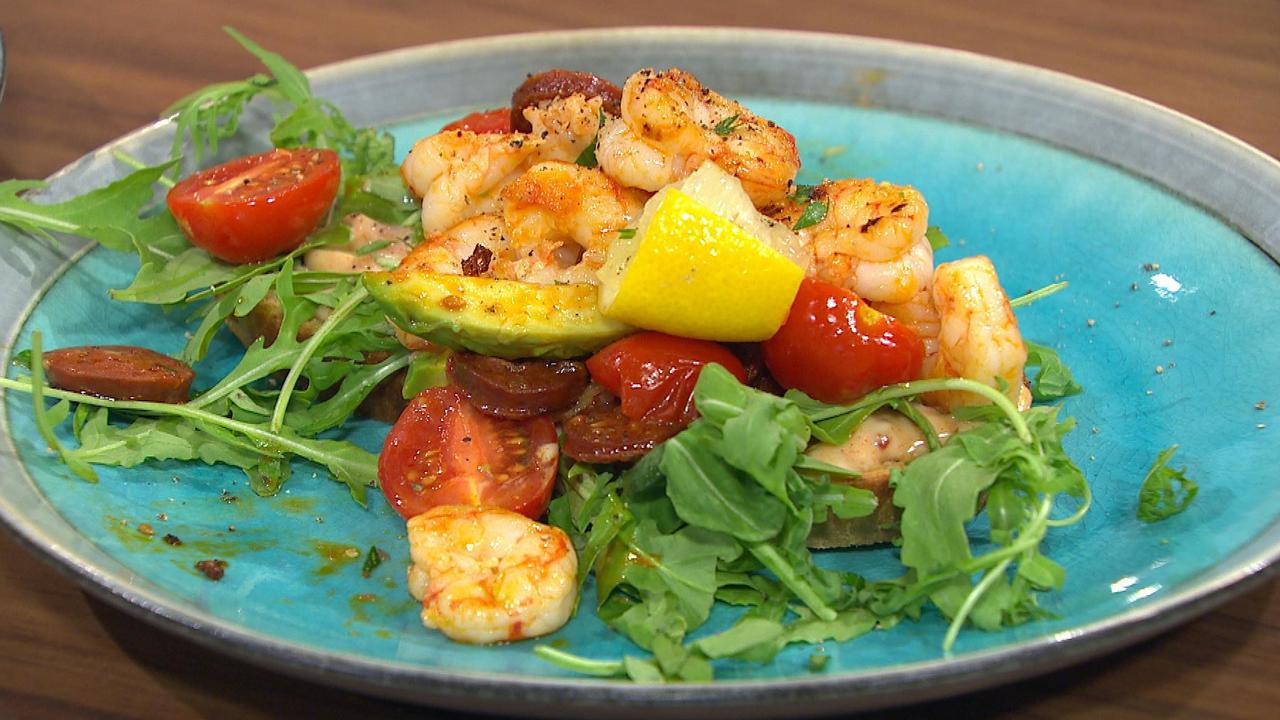 Bruschetta with Siracha Mayo, Cherry Tomato, Rocket, Chorizo and Chili Lemon Prawns