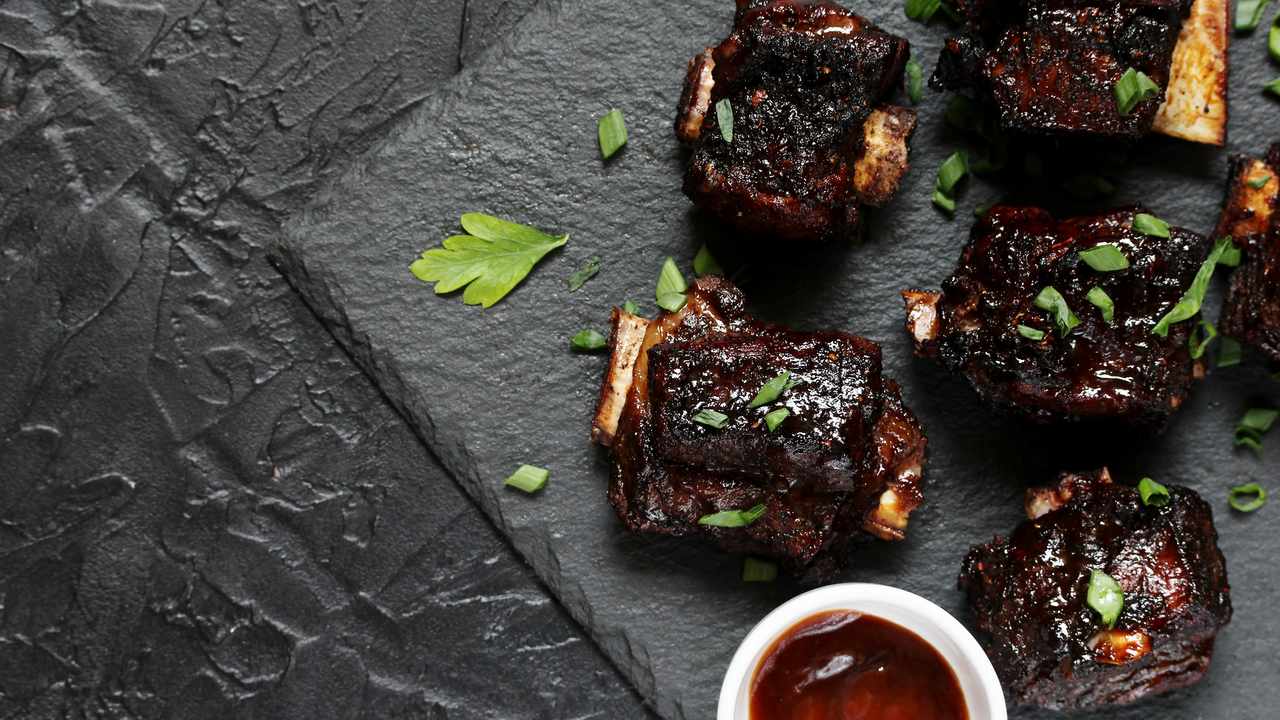 Slow Braised Jacobs Rib with Treacle Glazed Pearl Onions