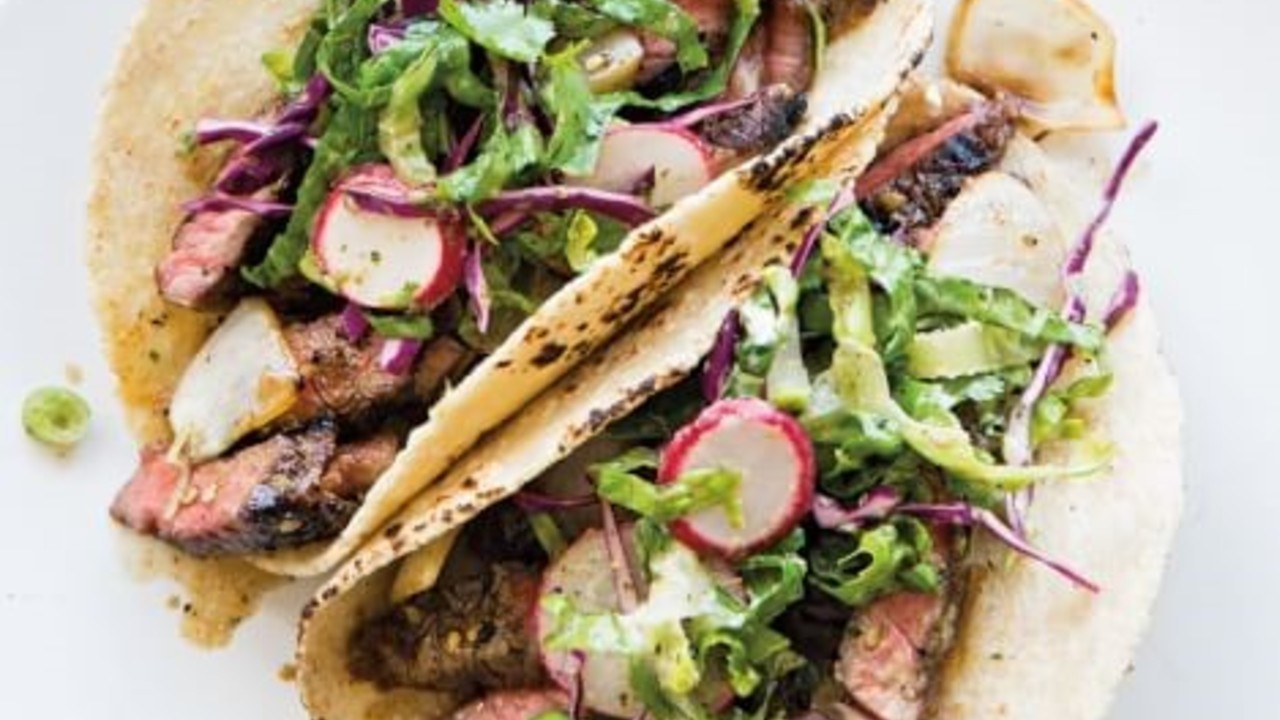 Asian style beef tacos black garlic mayo