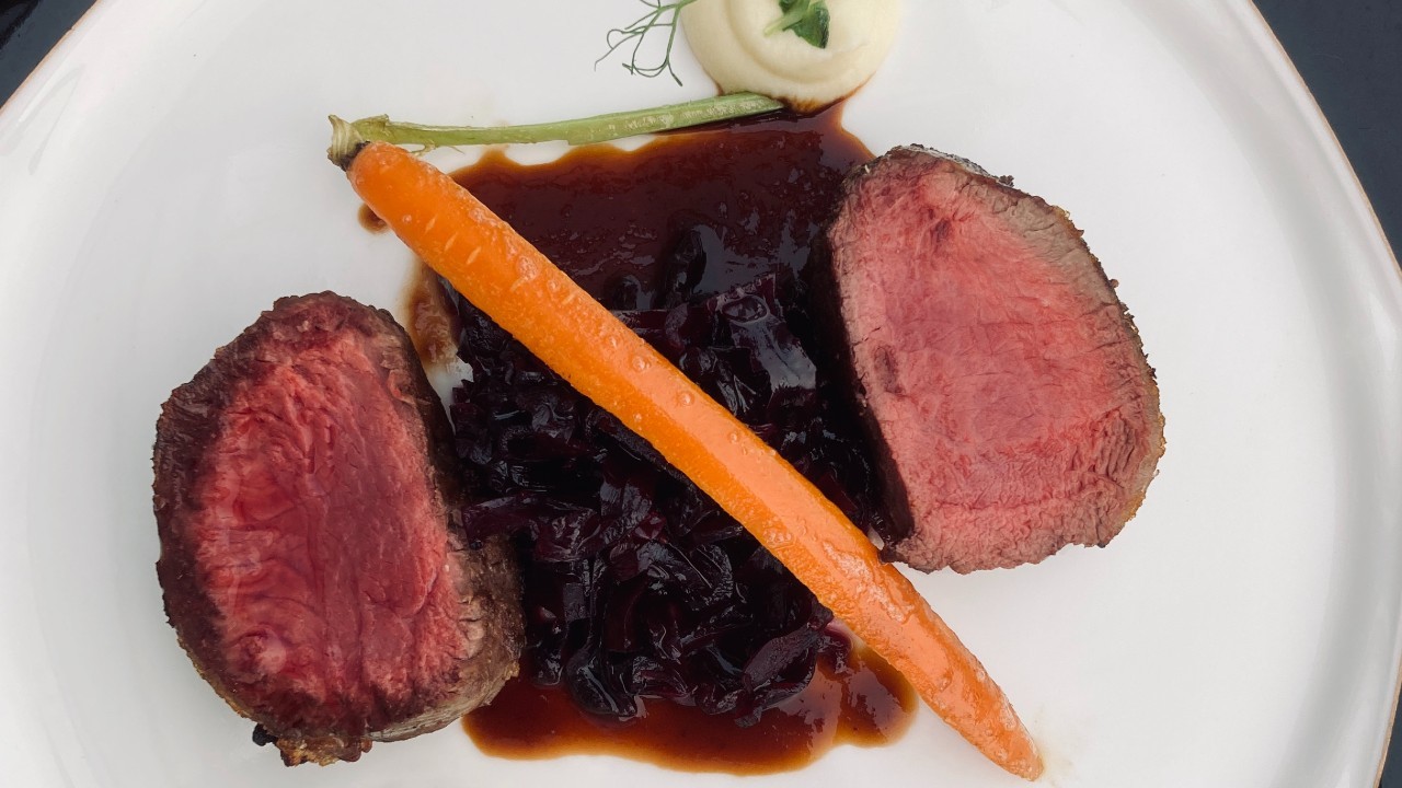 Black Peppered and Soy Venison with Celeriac Wasabi Puree