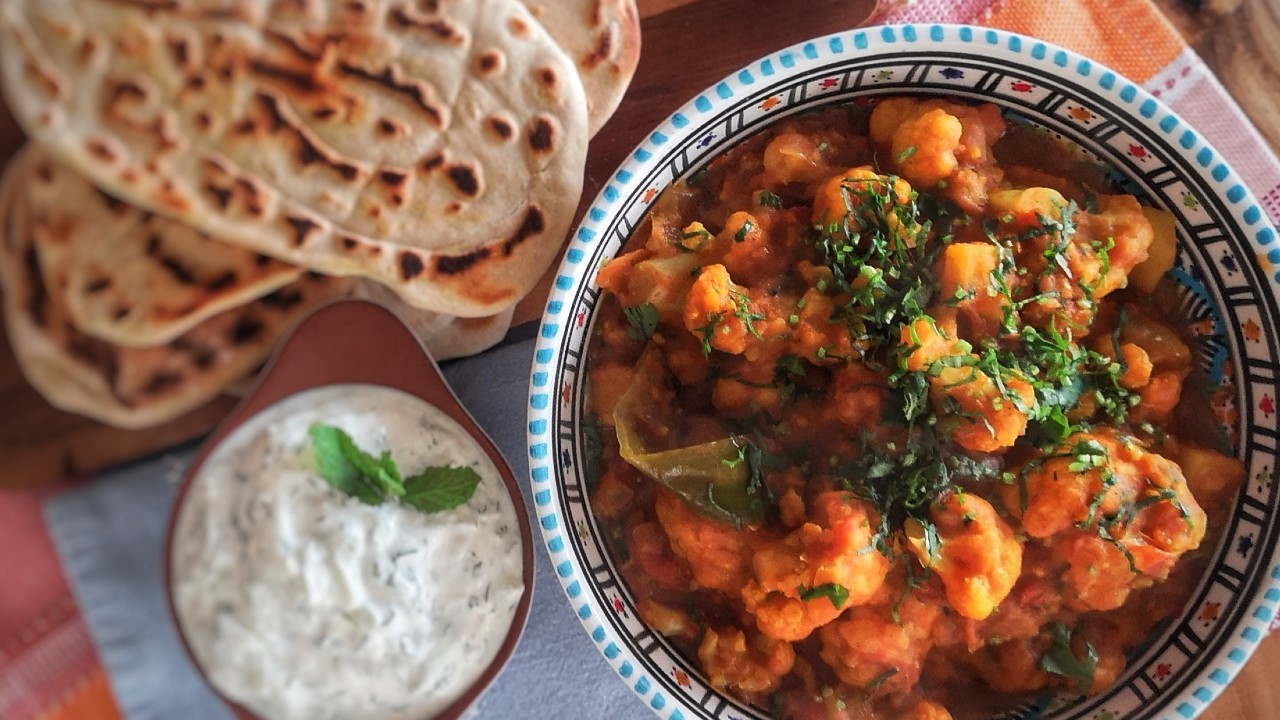 Cauliflower & Potato Curry with Naan Bread & Raita