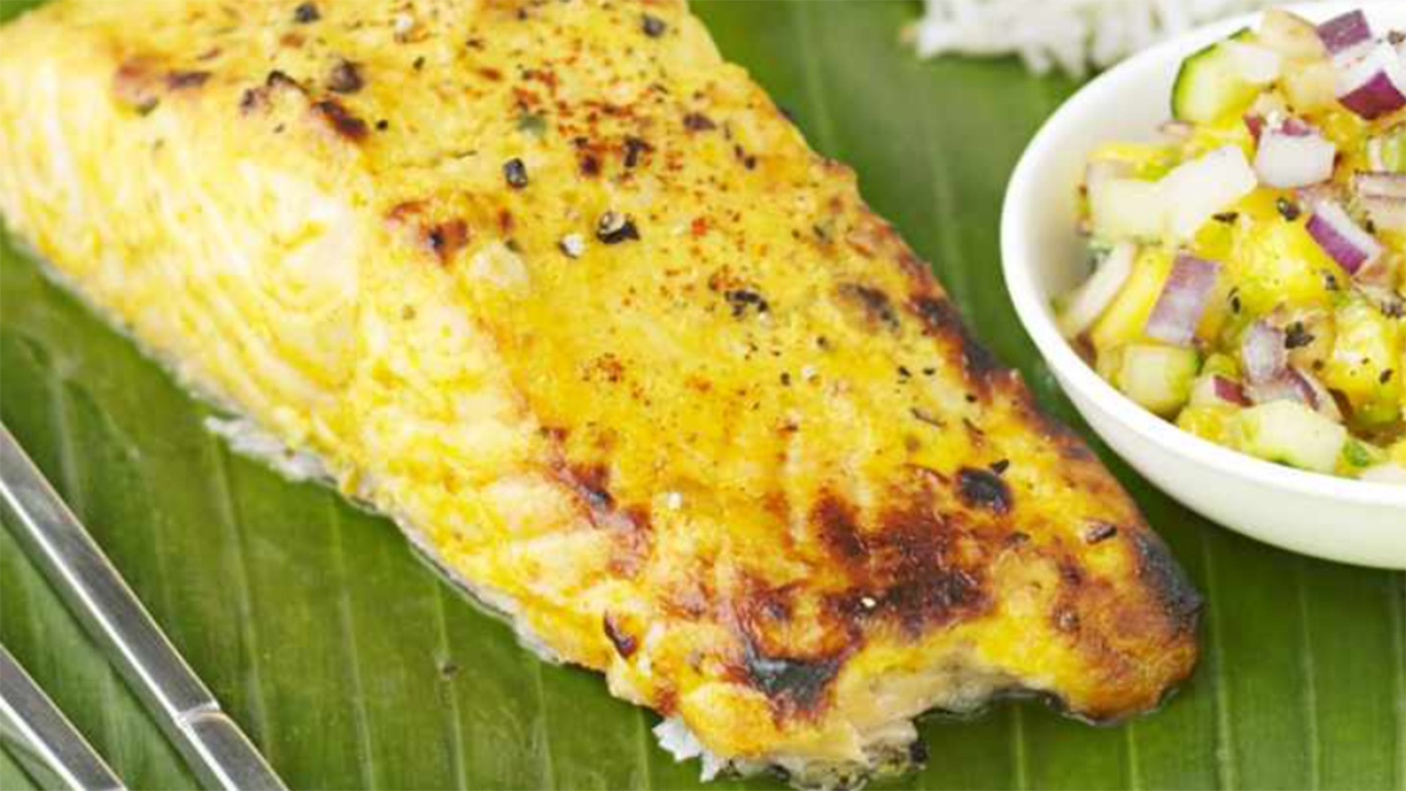 Curried Salmon, Spicy Mango & Cucumber Salsa