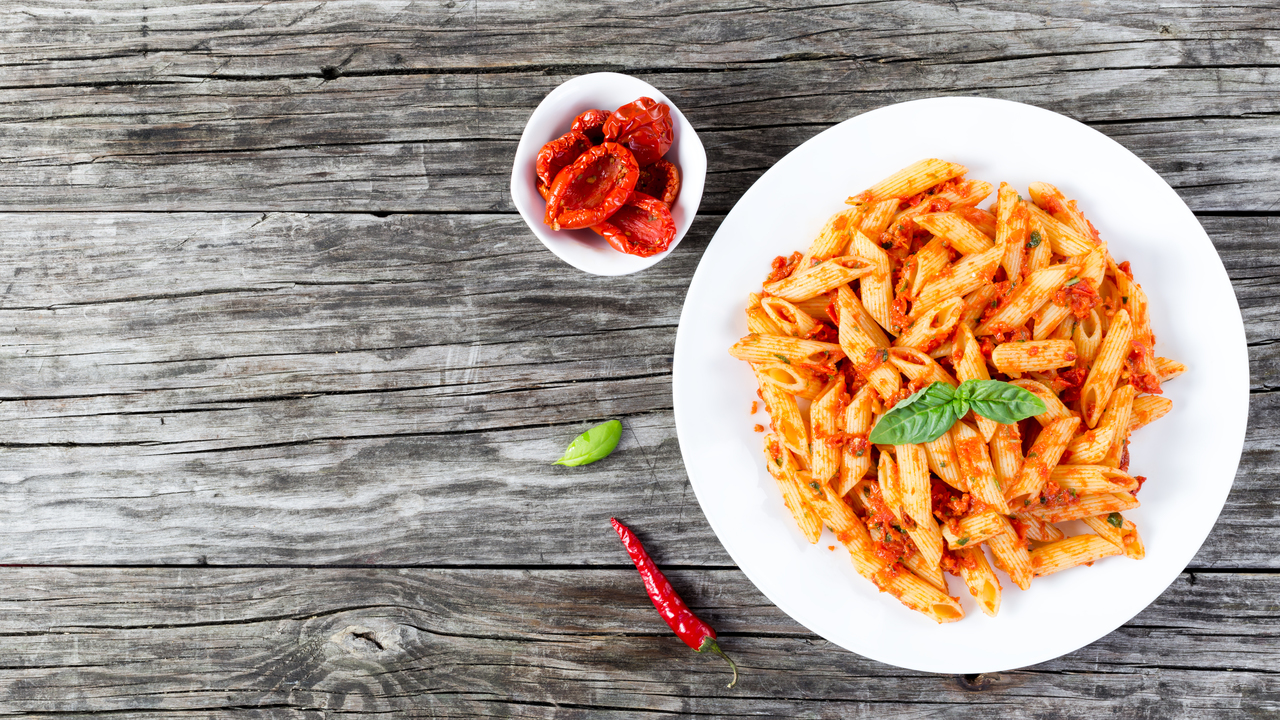 Homemade Red Pesto Pasta with Roasted Chicken, Aubergine & Courgette