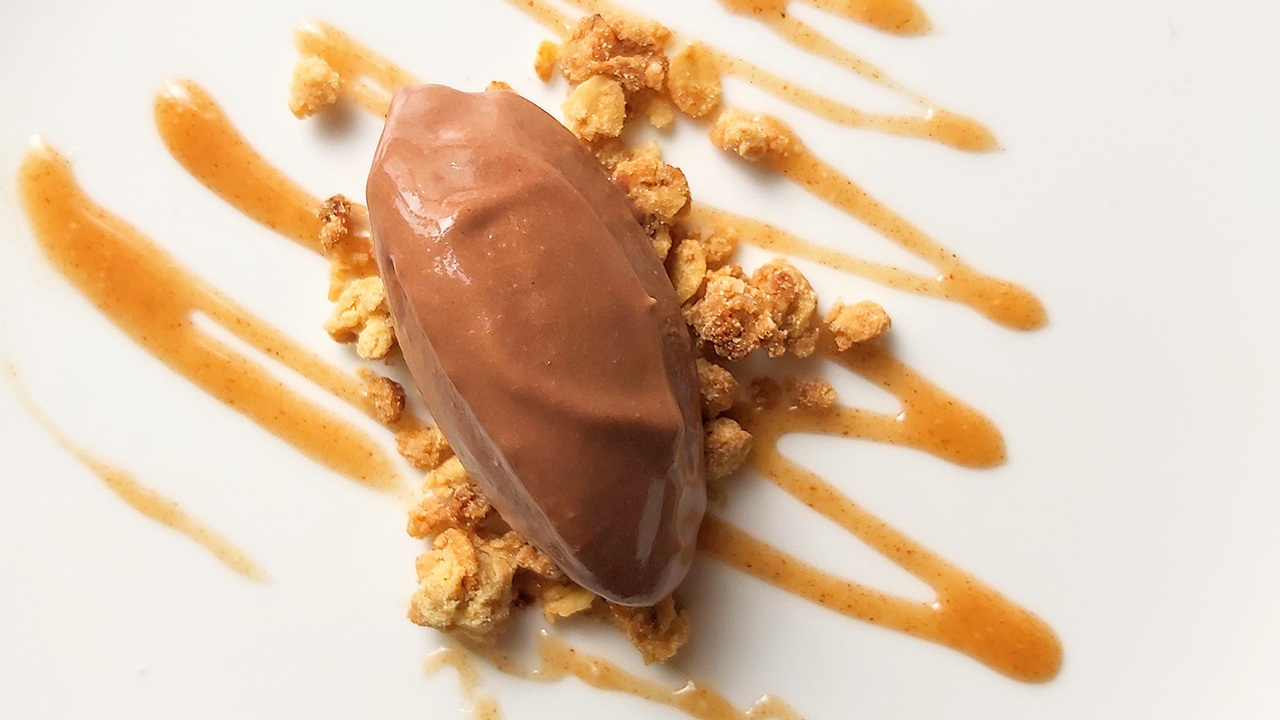 Double Chocolate and Vanilla Ice Cream with Almond Caramel and Oat Crunchies