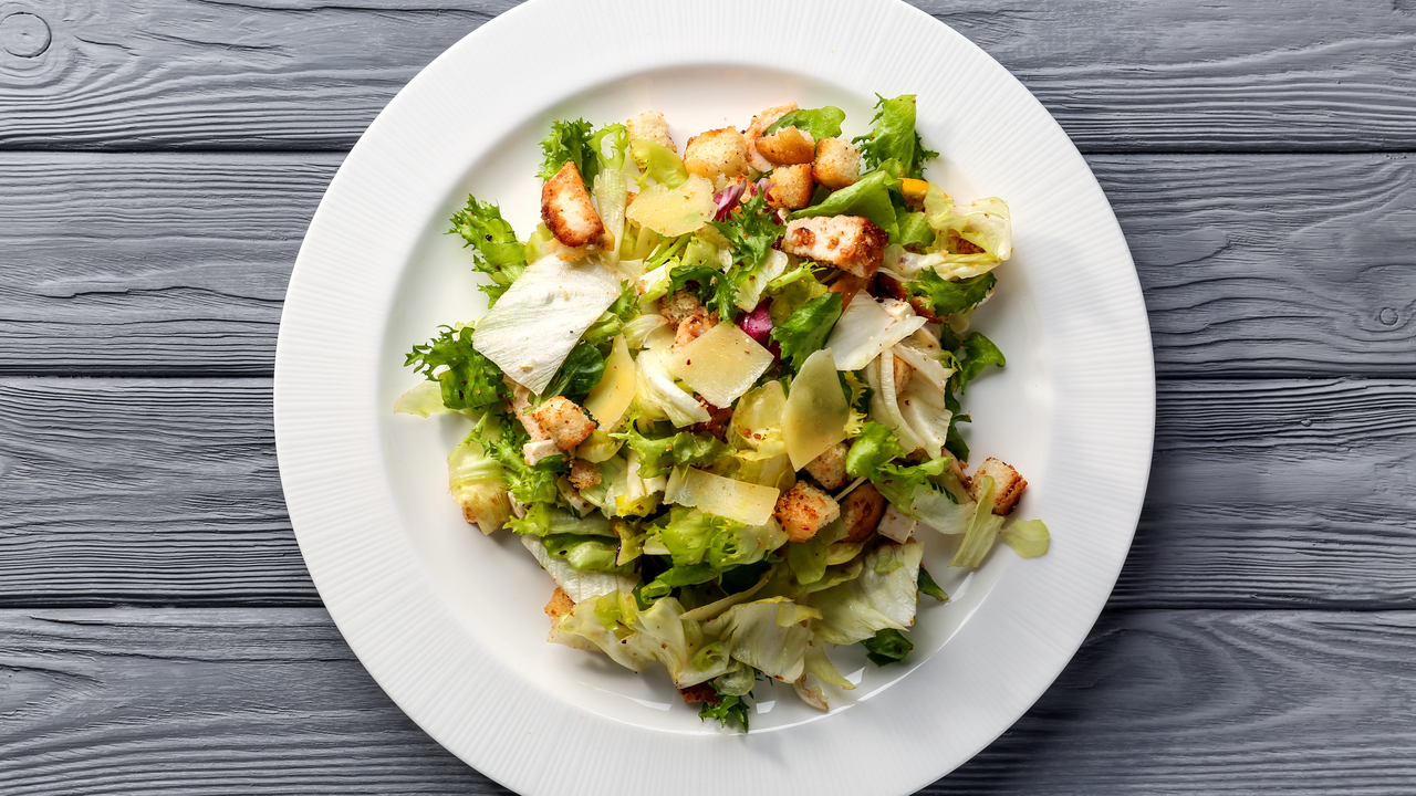 Chicken Caesar Salad with Warm Baby Potatoes, Green Beans and Shaved Parmesan 