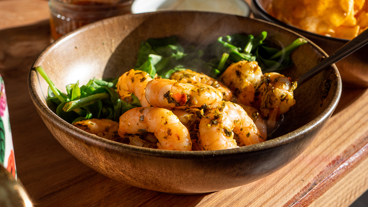 Chermoula Prawns with Lemon, Baby Gem, Feta and Mint Salad