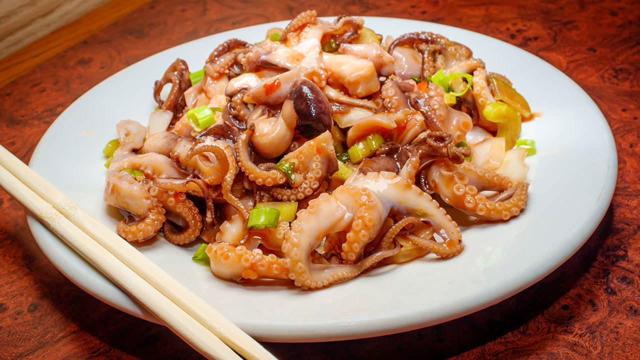 BBQ Baby Squid with Spring Onions, Smoked Aubergine Puree & Pickled Lemon